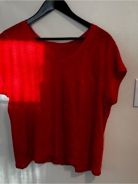Sigrid Olsen Bold Red V-Neck Short Sleeve Linen Top Women’s Size XL